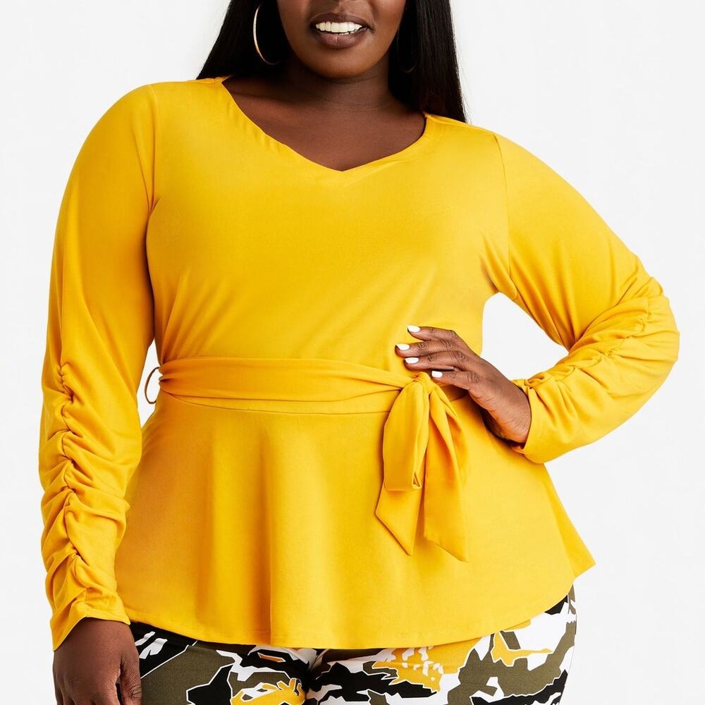Ashley Stewart Women's 30/32 Yellow Long Sleeved Ruched Peplum Top Blouse